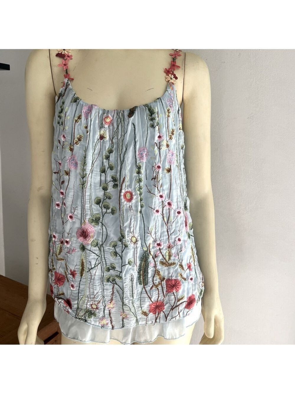 NWT Tina Stephens Italian Silk Maria Embroidered Floral Celestial Blue Cami OS